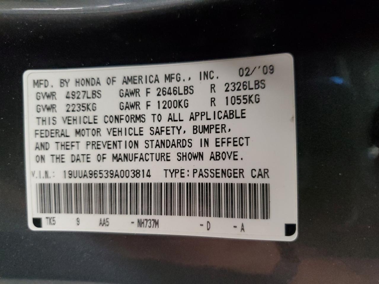 2009 Acura Tl VIN: 19UUA96539A003814 Lot: 91158415