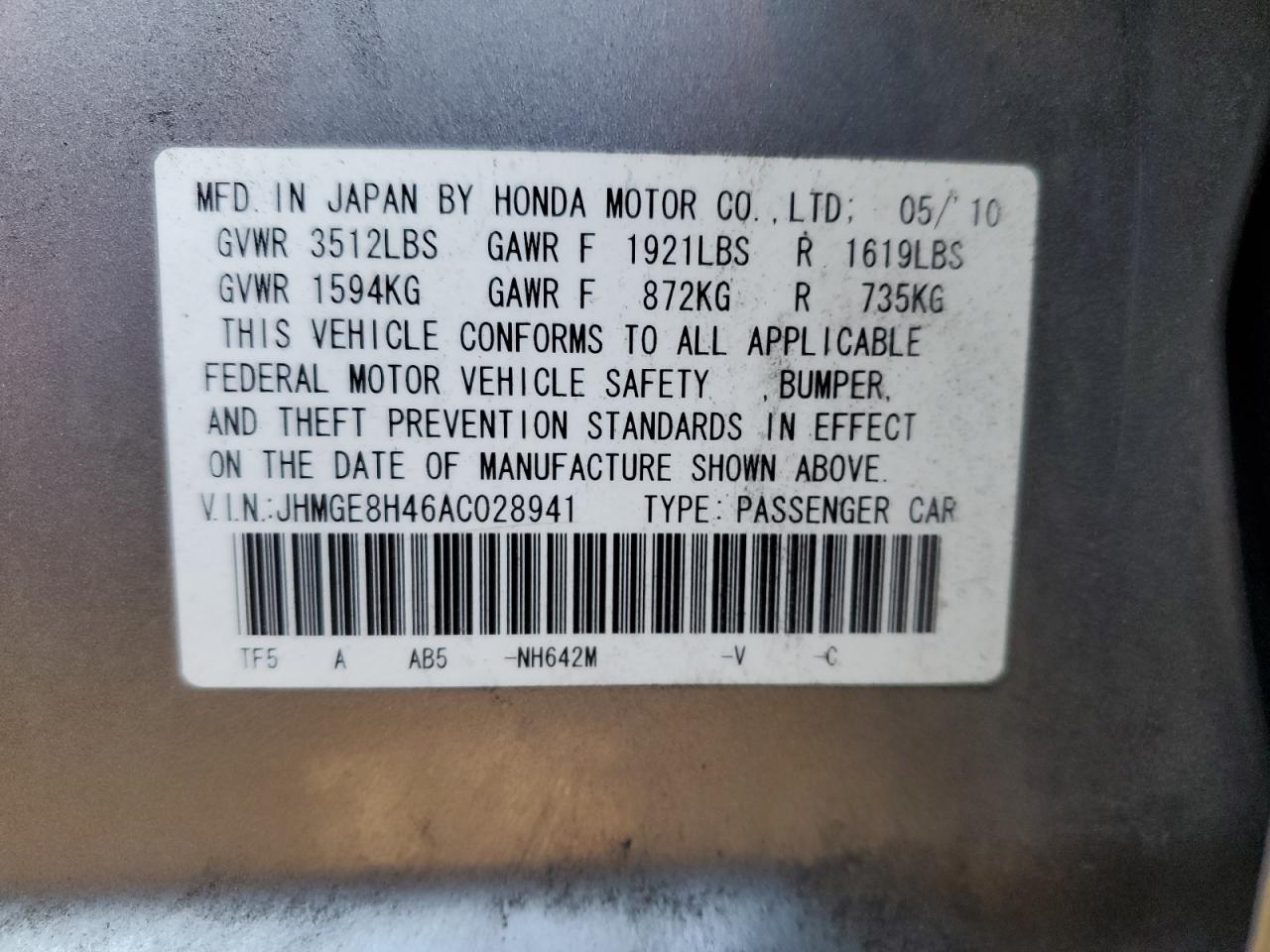 2010 Honda Fit Sport VIN: JHMGE8H46AC028941 Lot: 92793245