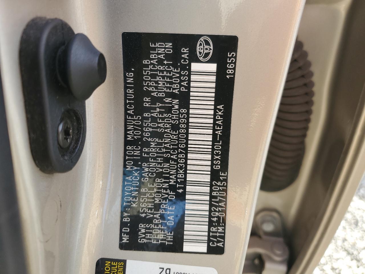 2006 Toyota Avalon Xl VIN: 4T1BK36B76U088958 Lot: 92848745