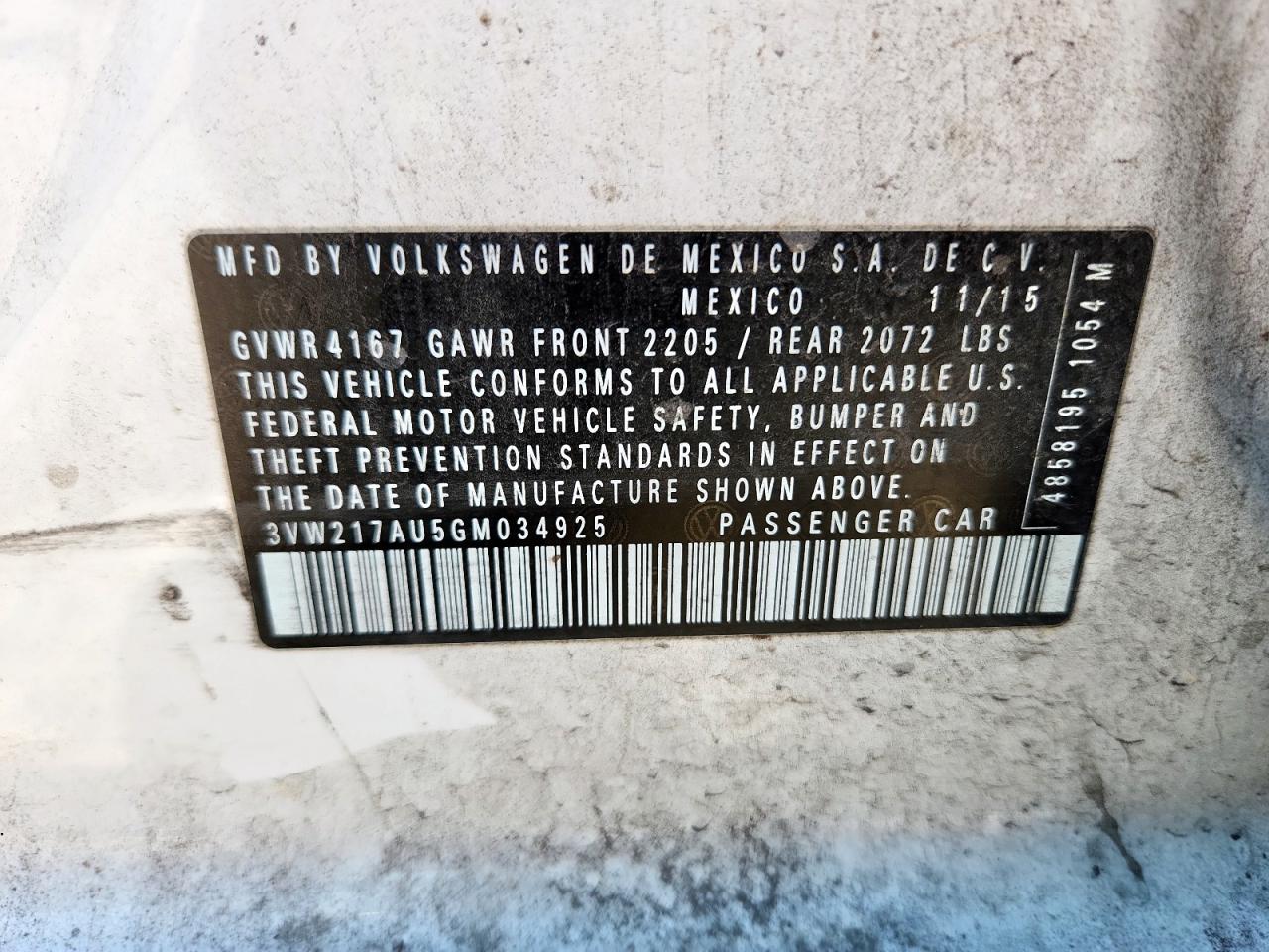 2016 Volkswagen Golf S/Se VIN: 3VW217AU5GM034925 Lot: 92452405