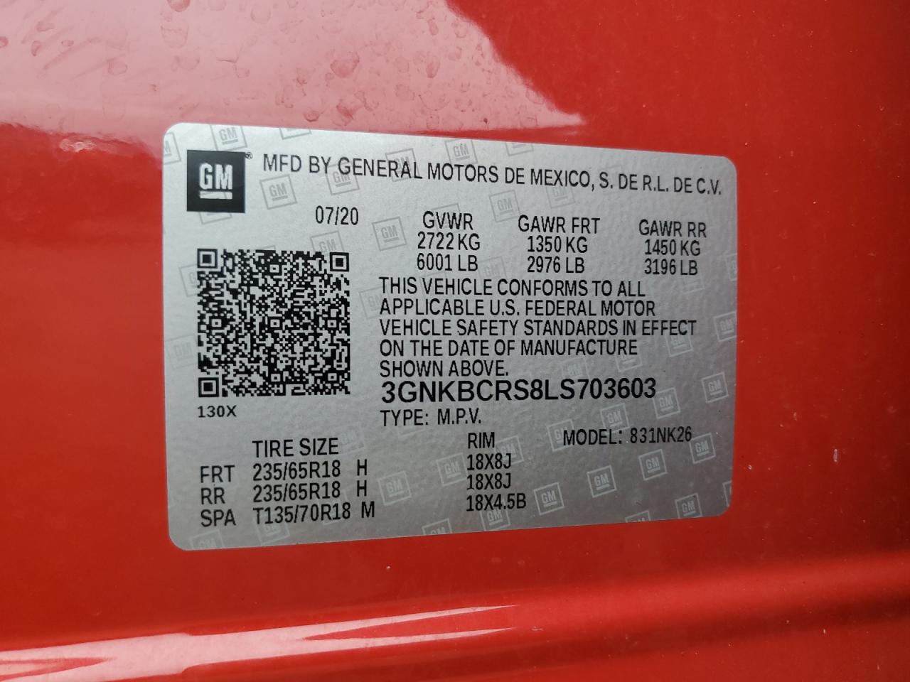 2020 Chevrolet Blazer 2Lt VIN: 3GNKBCRS8LS703603 Lot: 93258245