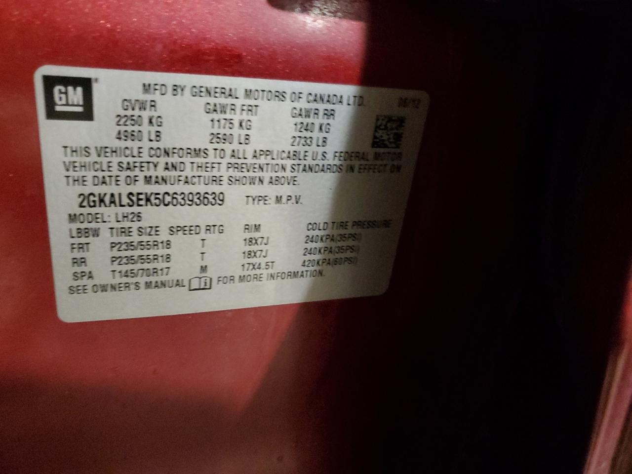 2012 GMC Terrain Sle VIN: 2GKALSEK5C6393639 Lot: 93644545