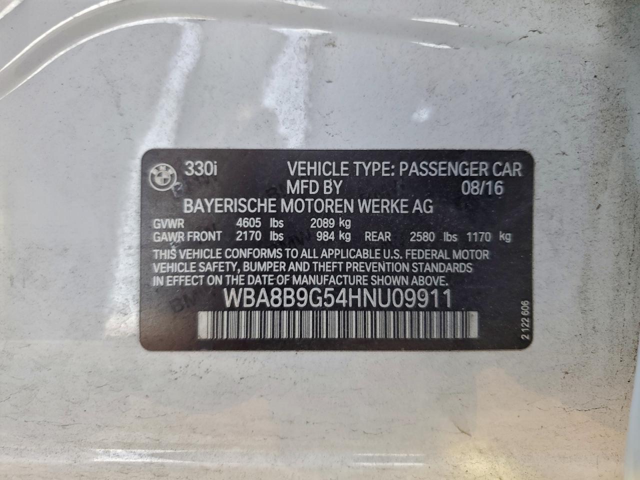 2017 BMW 330 I VIN: WBA8B9G54HNU09911 Lot: 94409485