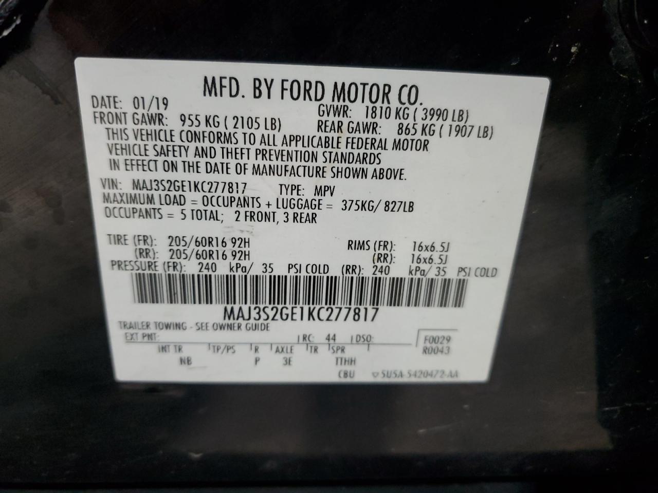 2019 Ford Ecosport Se VIN: MAJ3S2GE1KC277817 Lot: 90577185