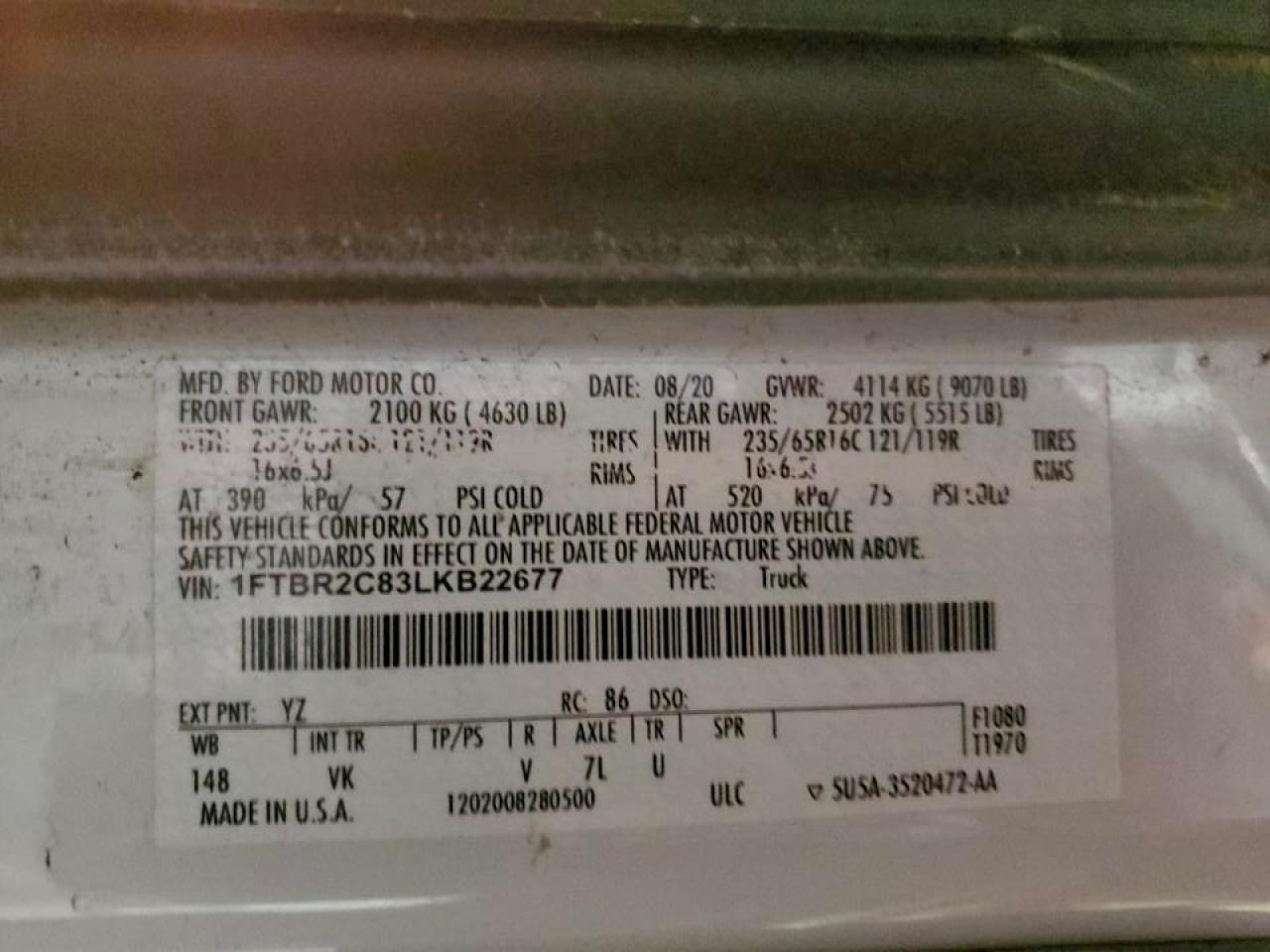 2020 Ford Transit Delivery Van VIN: 1FTBR2C83LKB22677 Lot: 92366695