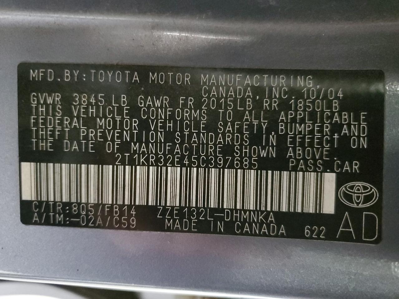 2005 Toyota Corolla Matrix Xr VIN: 2T1KR32E45C397685 Lot: 93504385