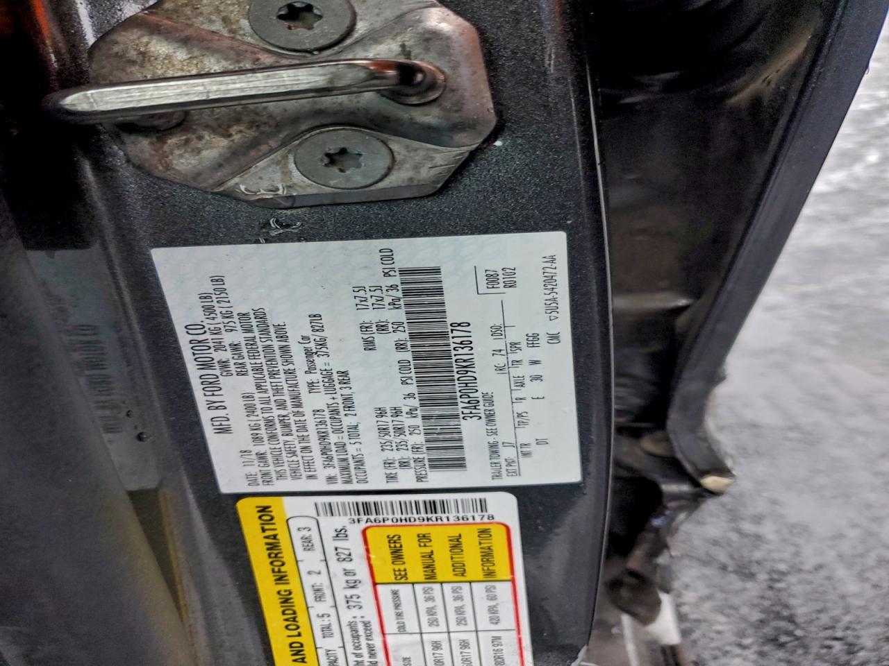 2019 Ford Fusion Se VIN: 3FA6P0HD9KR136178 Lot: 93704555