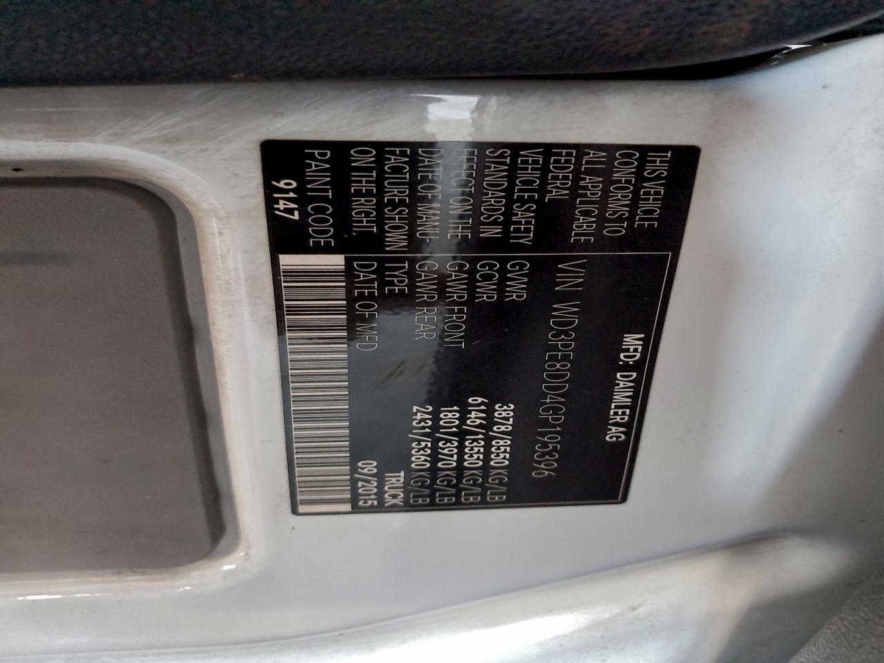 2016 Mercedes-Benz Sprinter 2500 VIN: WD3PE8DD4GP195396 Lot: 94161835