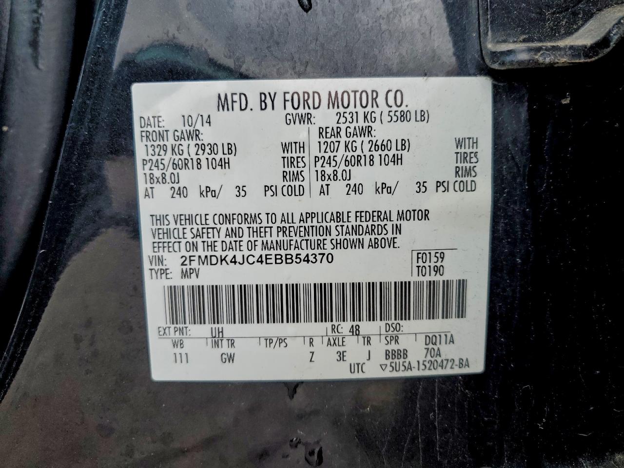 2014 Ford Edge Sel VIN: 2FMDK4JC4EBB54370 Lot: 94651695