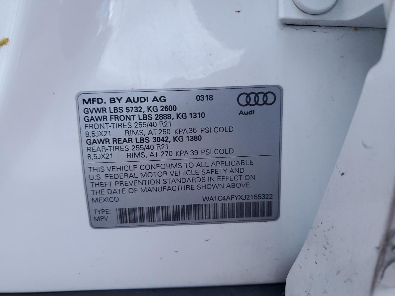 2018 Audi Sq5 Prestige VIN: WA1C4AFYXJ2155322 Lot: 91881515