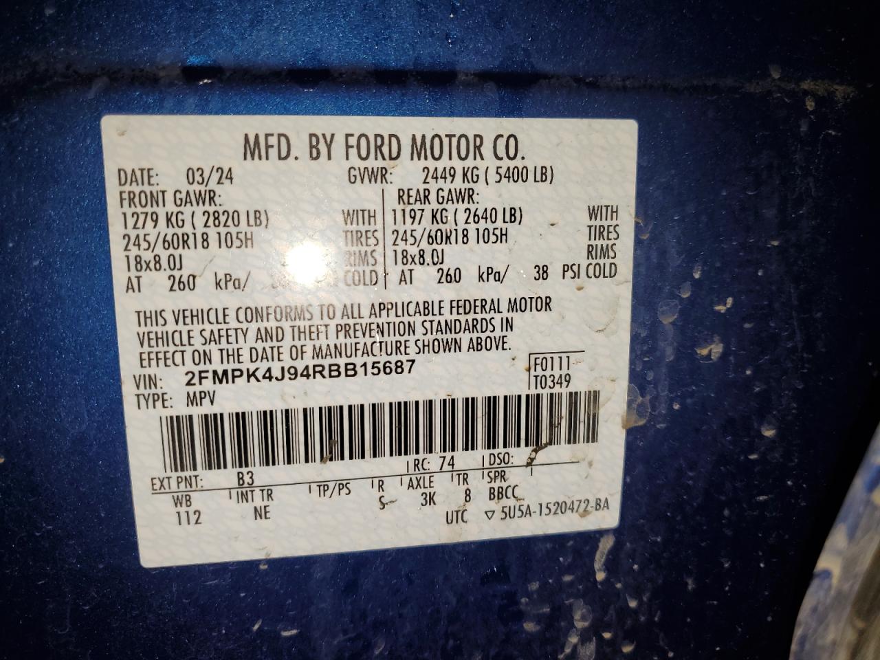 2024 Ford Edge Sel VIN: 2FMPK4J94RBB15687 Lot: 92318055