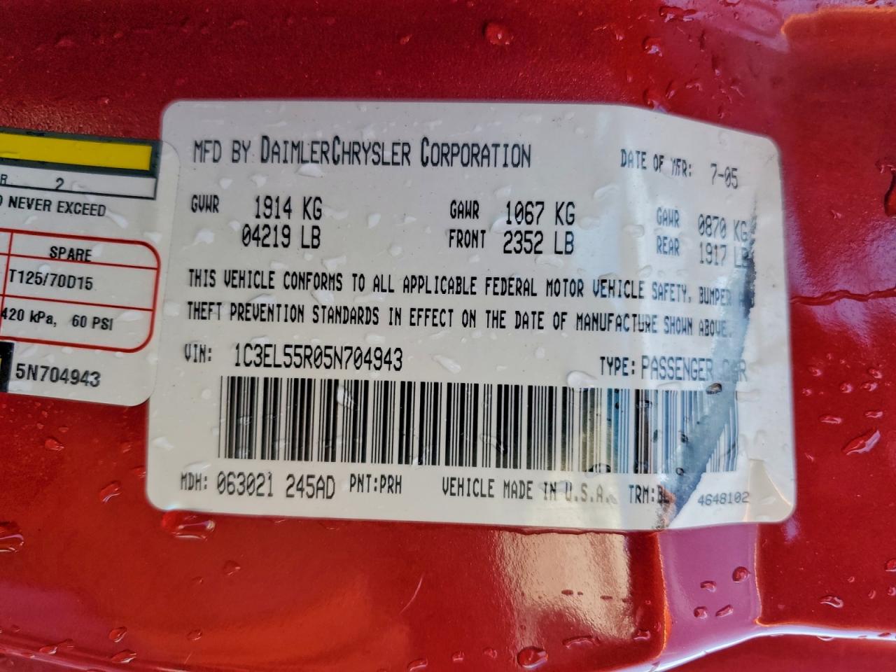 2005 Chrysler Sebring Touring VIN: 1C3EL55R05N704943 Lot: 94334415