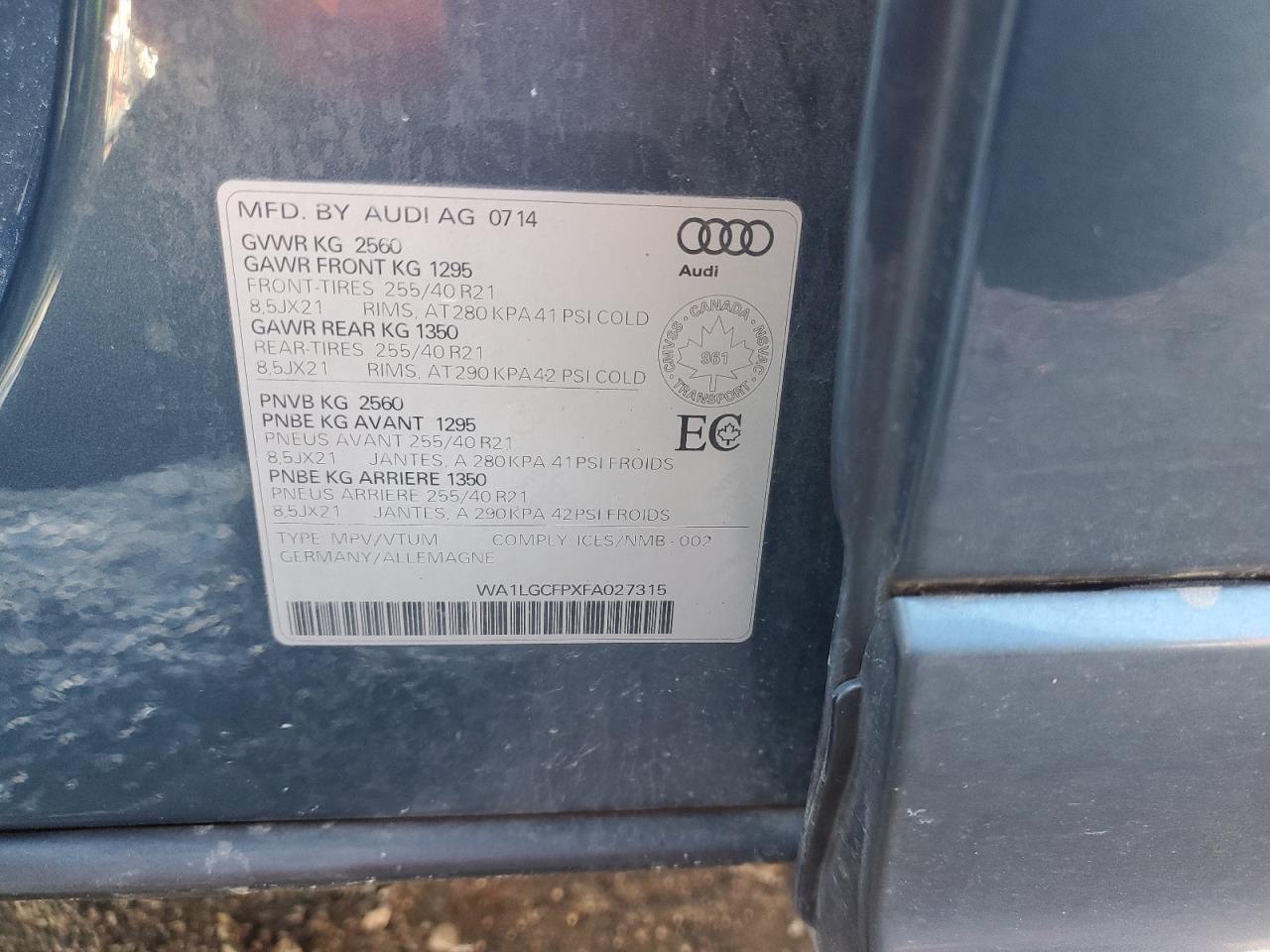 2015 Audi Q5 Technik VIN: WA1LGCFPXFA027315 Lot: 93287205