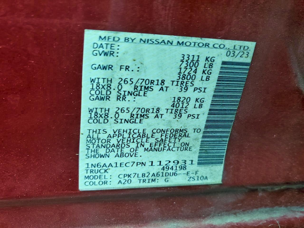 2023 Nissan Titan S VIN: 1N6AA1EC7PN112931 Lot: 94140655