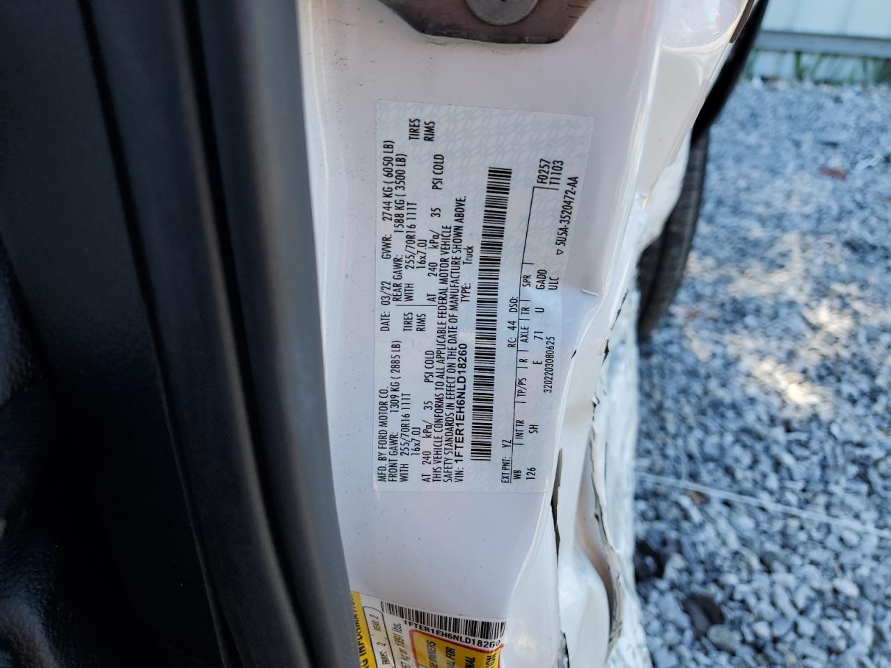 2022 Ford Ranger Xl VIN: 1FTER1EH6NLD18260 Lot: 92841715