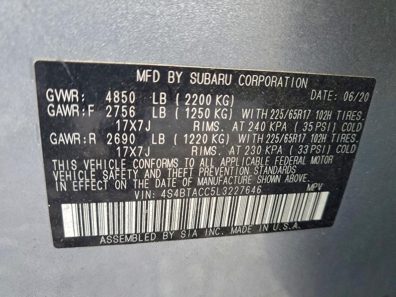 2020 Subaru Outback Premium VIN: 4S4BTACC5L3227646 Lot: 94495435