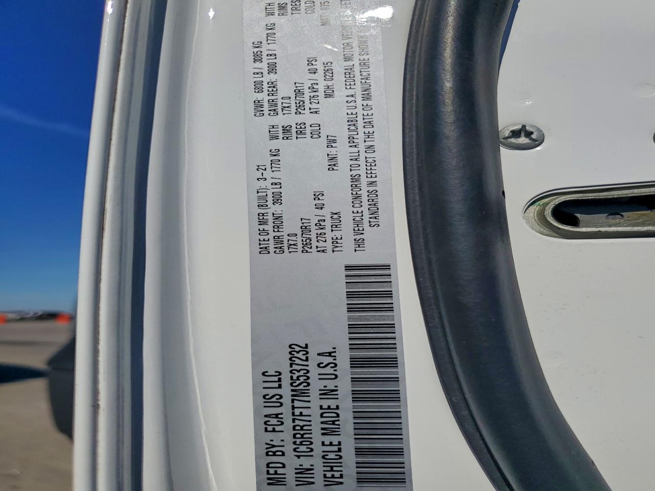 2021 Ram 1500 Classic Tradesman VIN: 1C6RR7FT7MS537232 Lot: 91246815