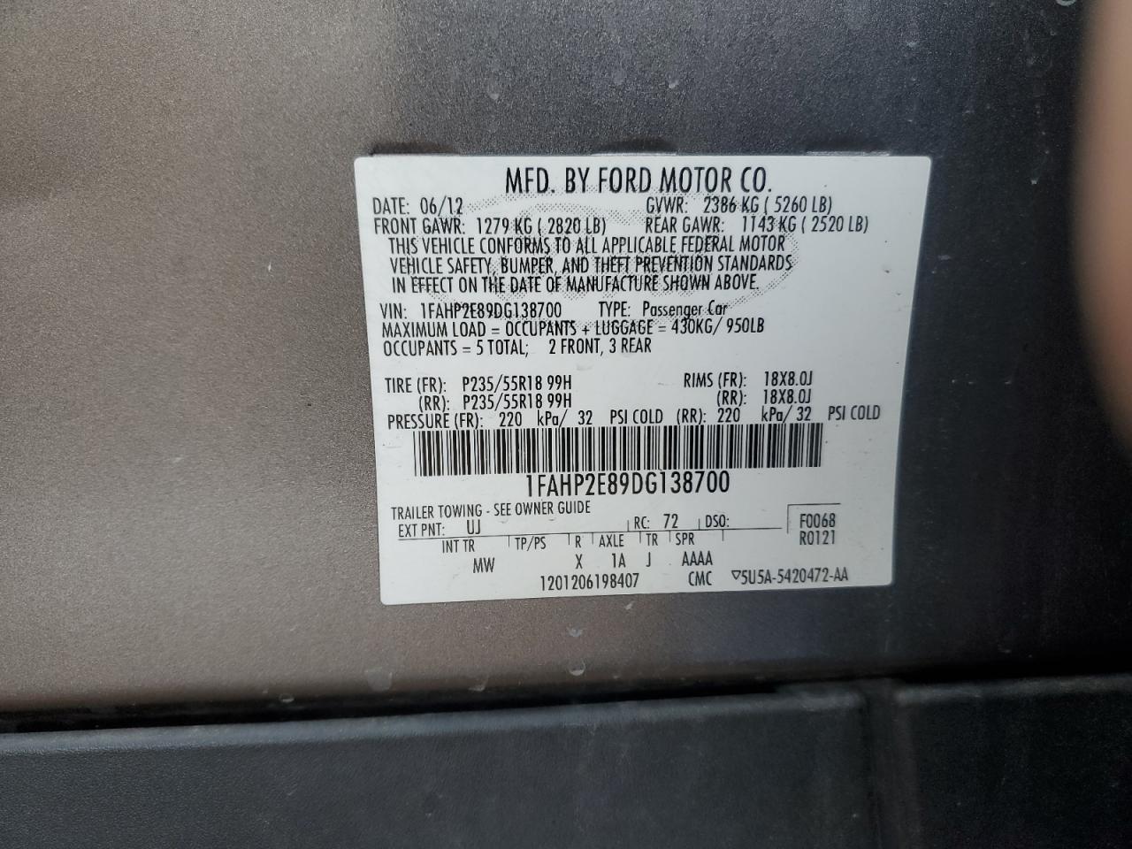 2013 Ford Taurus Sel VIN: 1FAHP2E89DG138700 Lot: 92533005