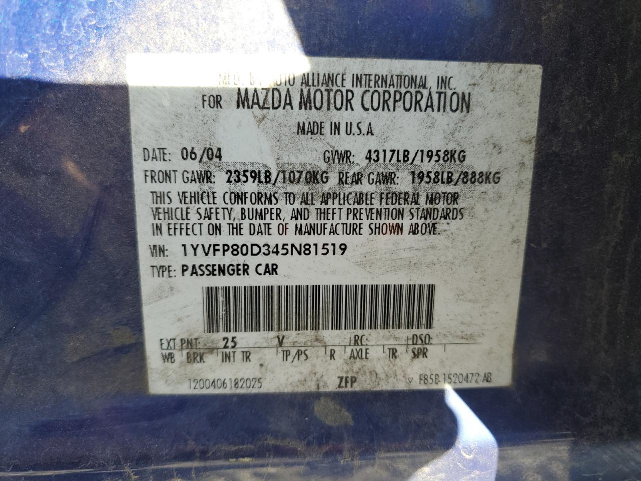 2004 Mazda 6 S VIN: 1YVFP80D345N81519 Lot: 93331565