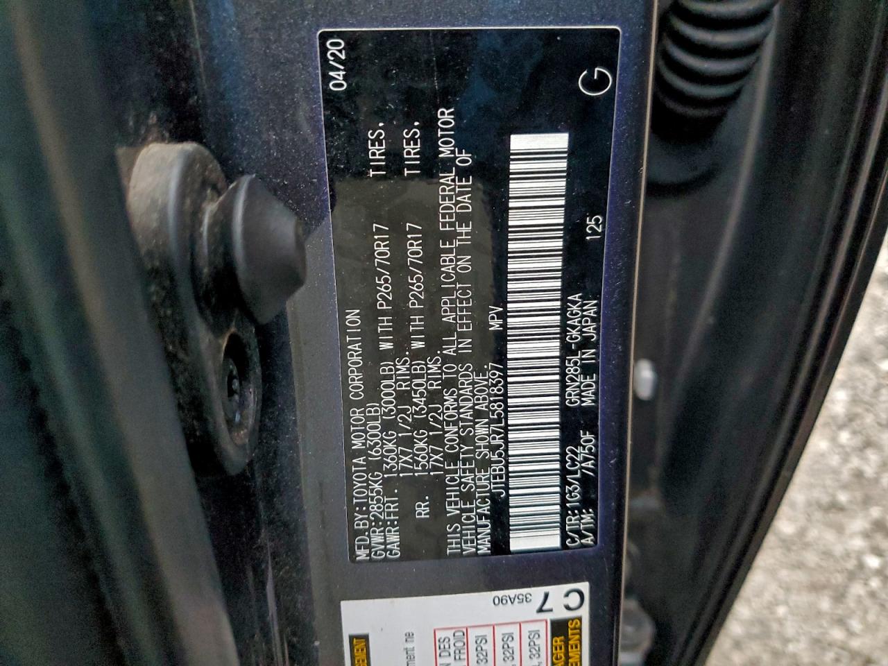 2020 Toyota 4Runner Sr5/Sr5 Premium VIN: JTEBU5JR7L5818397 Lot: 92223085