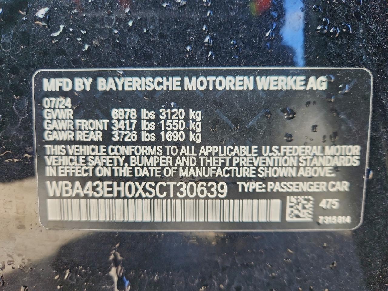 2025 BMW 750 Xe VIN: WBA43EH0XSCT30639 Lot: 94374705