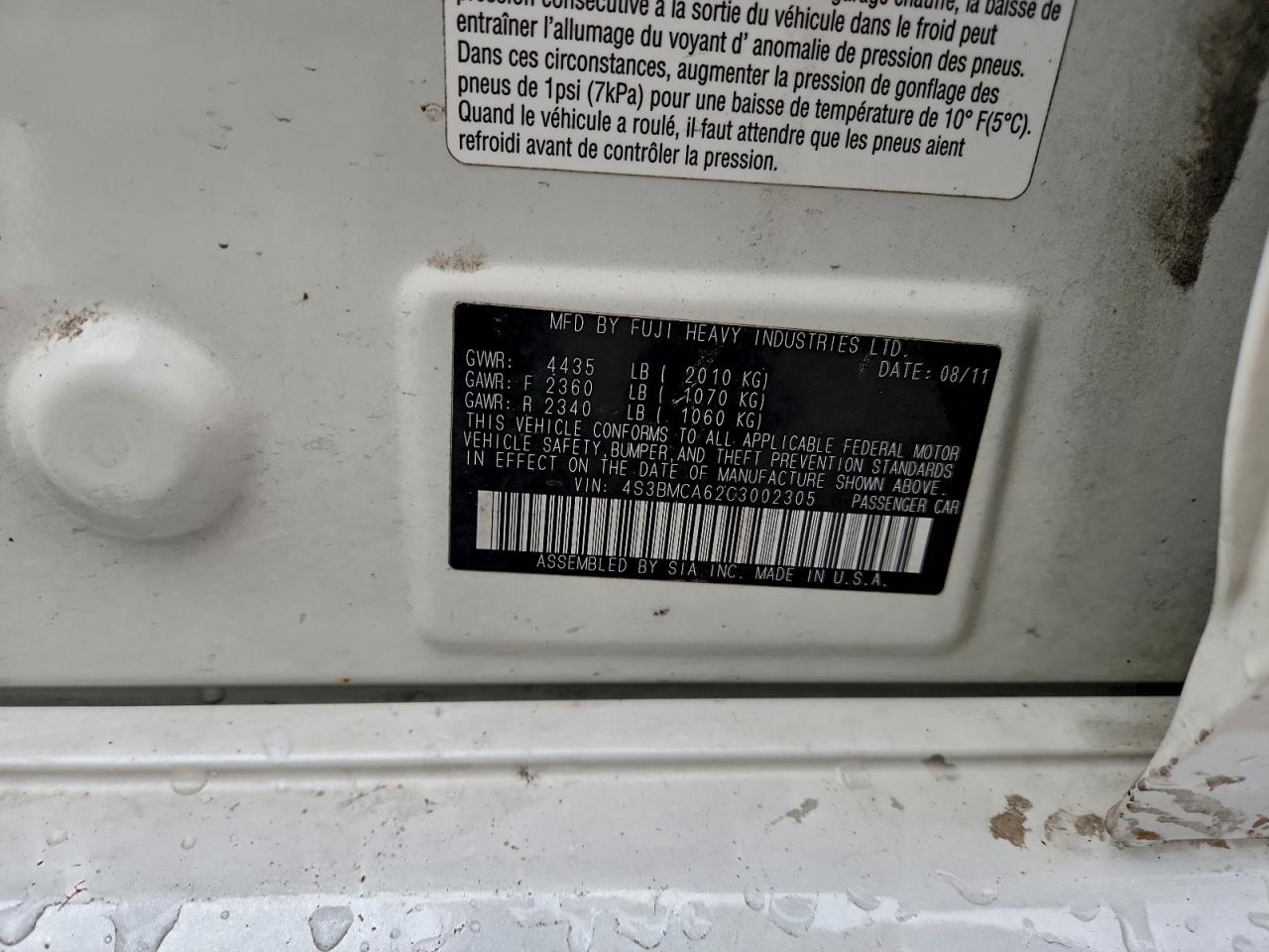 2012 Subaru Legacy 2.5I VIN: 4S3BMCA62C3002305 Lot: 93914695