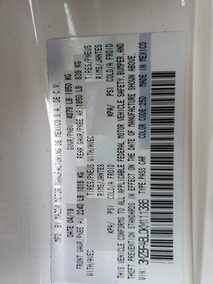 2019 Mazda 3 VIN: 3MZBPABL0KM111386 Lot: 89548945