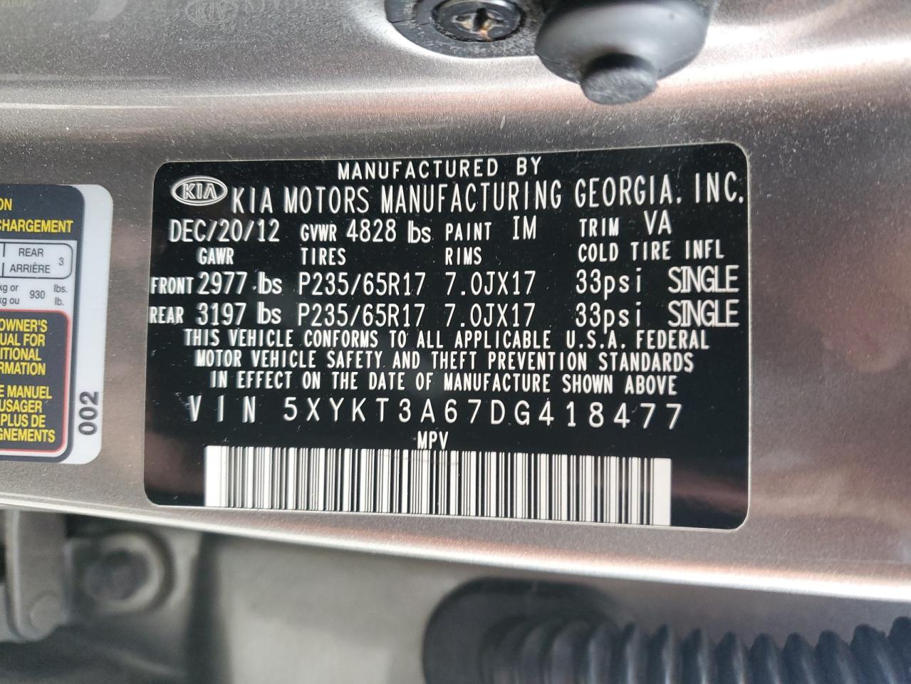 2013 Kia Sorento Lx VIN: 5XYKT3A67DG418477 Lot: 92003235