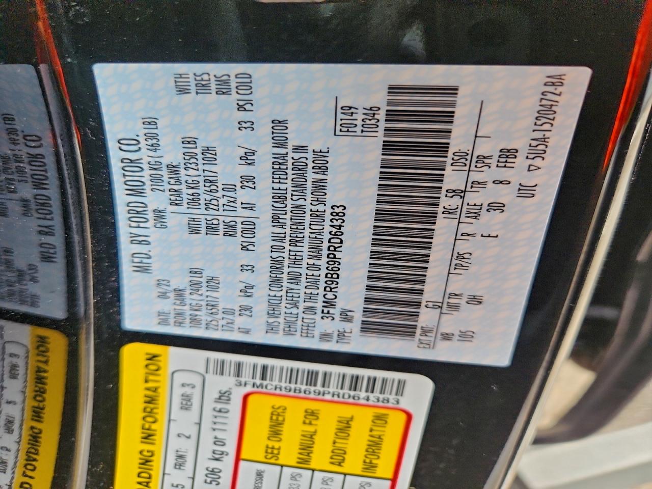 2023 Ford Bronco Sport Big Bend VIN: 3FMCR9B69PRD64383 Lot: 94224485