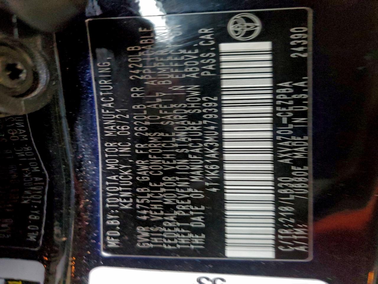 2021 Toyota Camry Xse VIN: 4T1K61AK3MU479392 Lot: 93084745