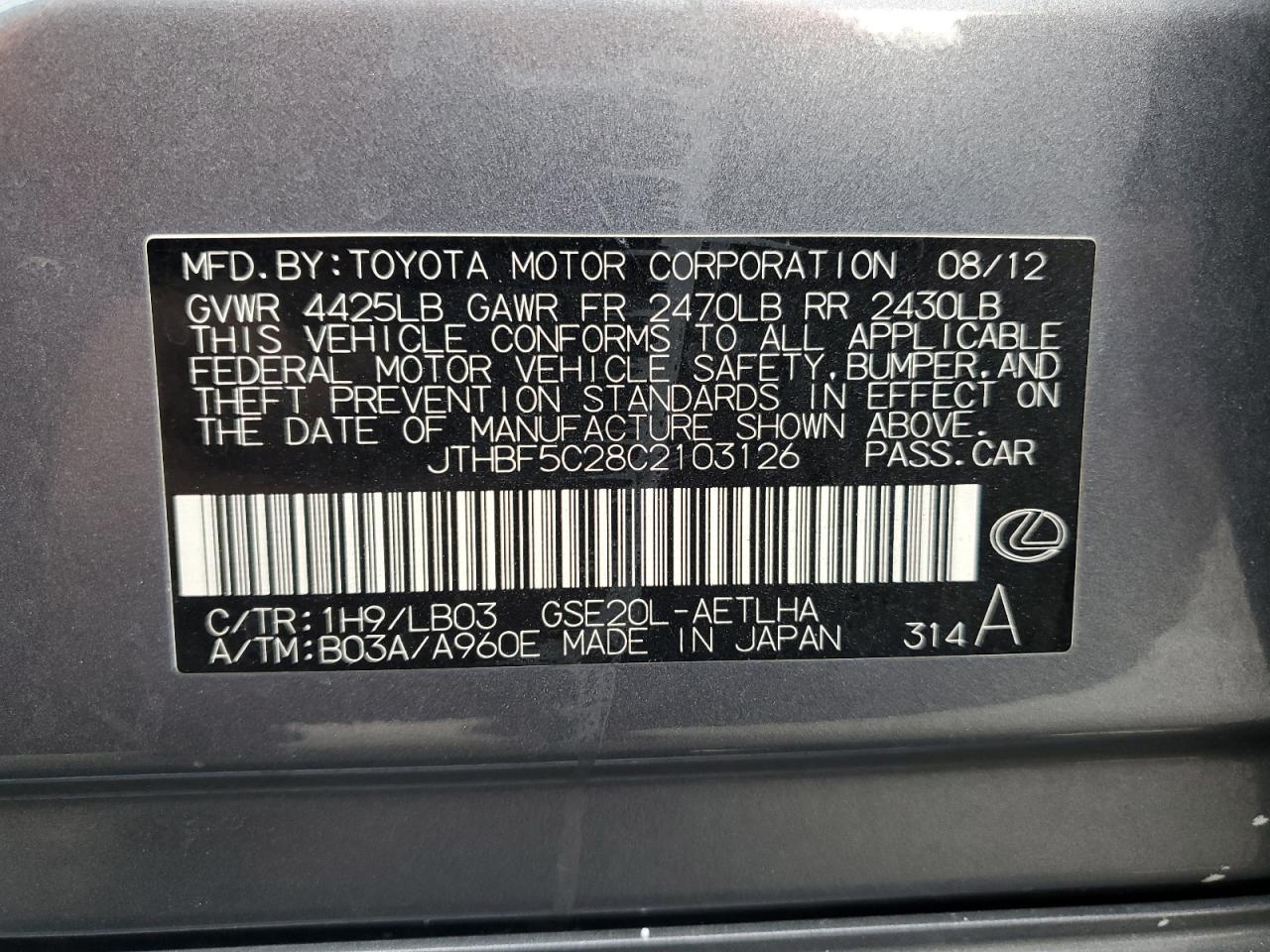 2012 Lexus Is 250 VIN: JTHBF5C28C2103126 Lot: 92665185