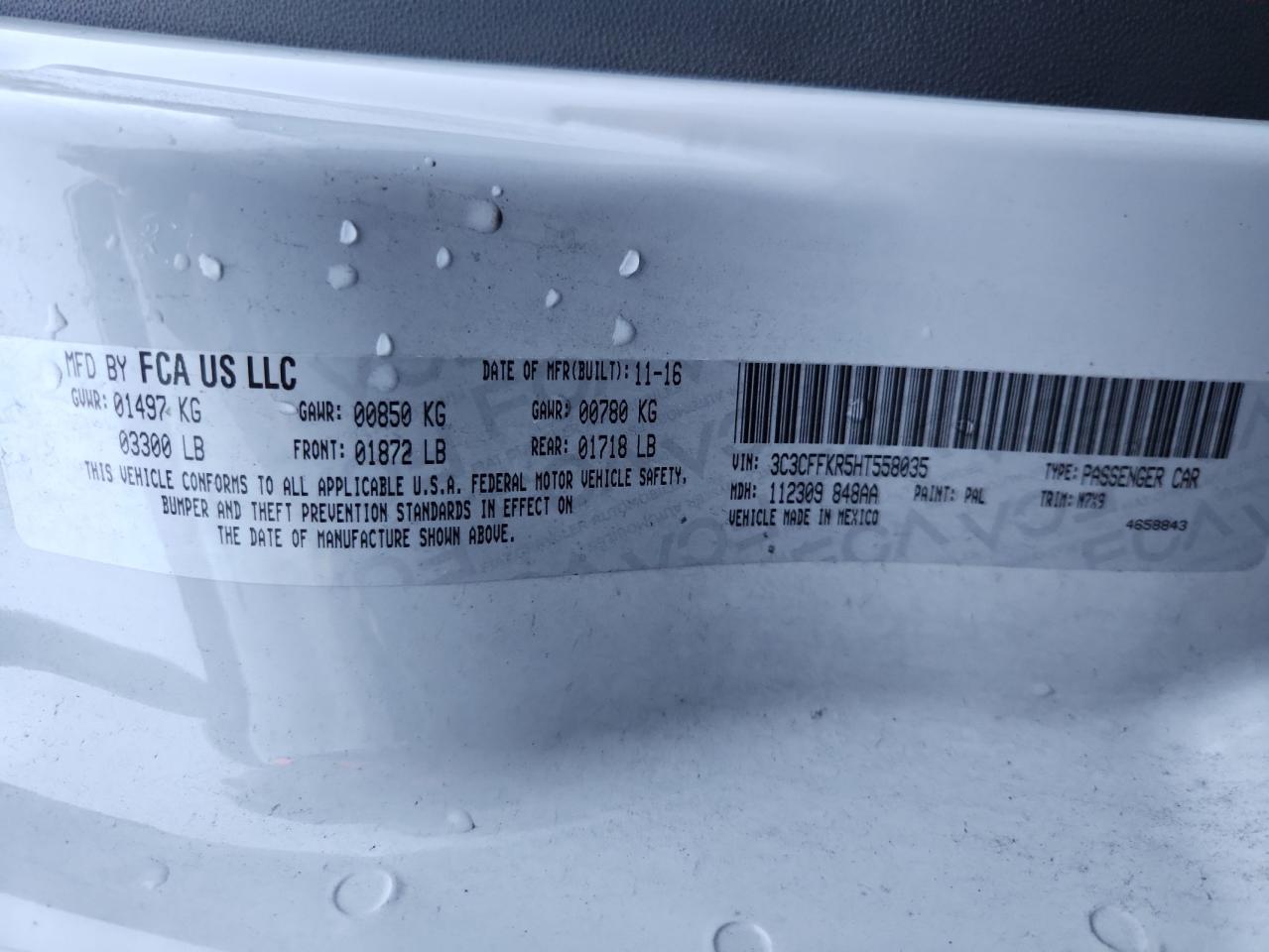 2017 Fiat 500 Pop VIN: 3C3CFFKR5HT558035 Lot: 91807055