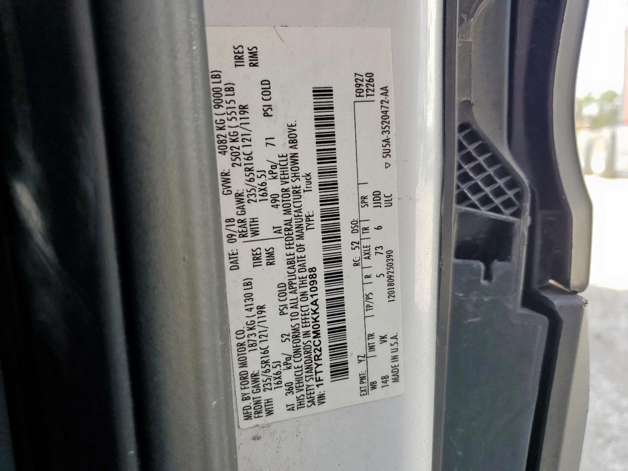 2019 Ford Transit T-250 VIN: 1FTYR2CM0KKA10988 Lot: 91299035