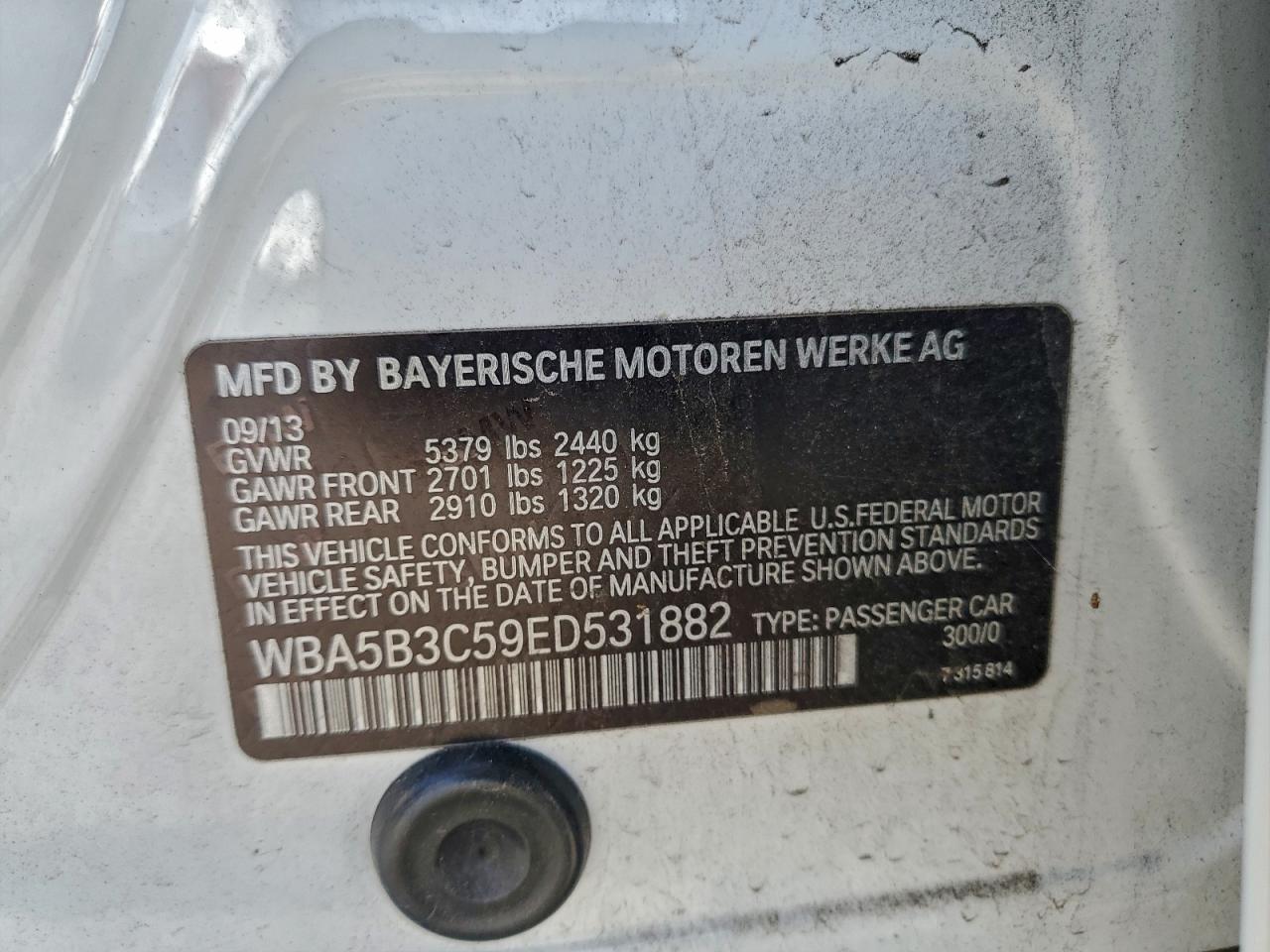 2014 BMW 535 Xi VIN: WBA5B3C59ED531882 Lot: 92265535