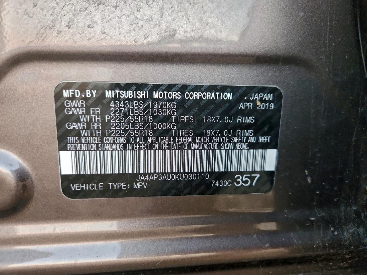 2019 Mitsubishi Outlander Sport Es VIN: JA4AP3AU0KU030110 Lot: 94704535