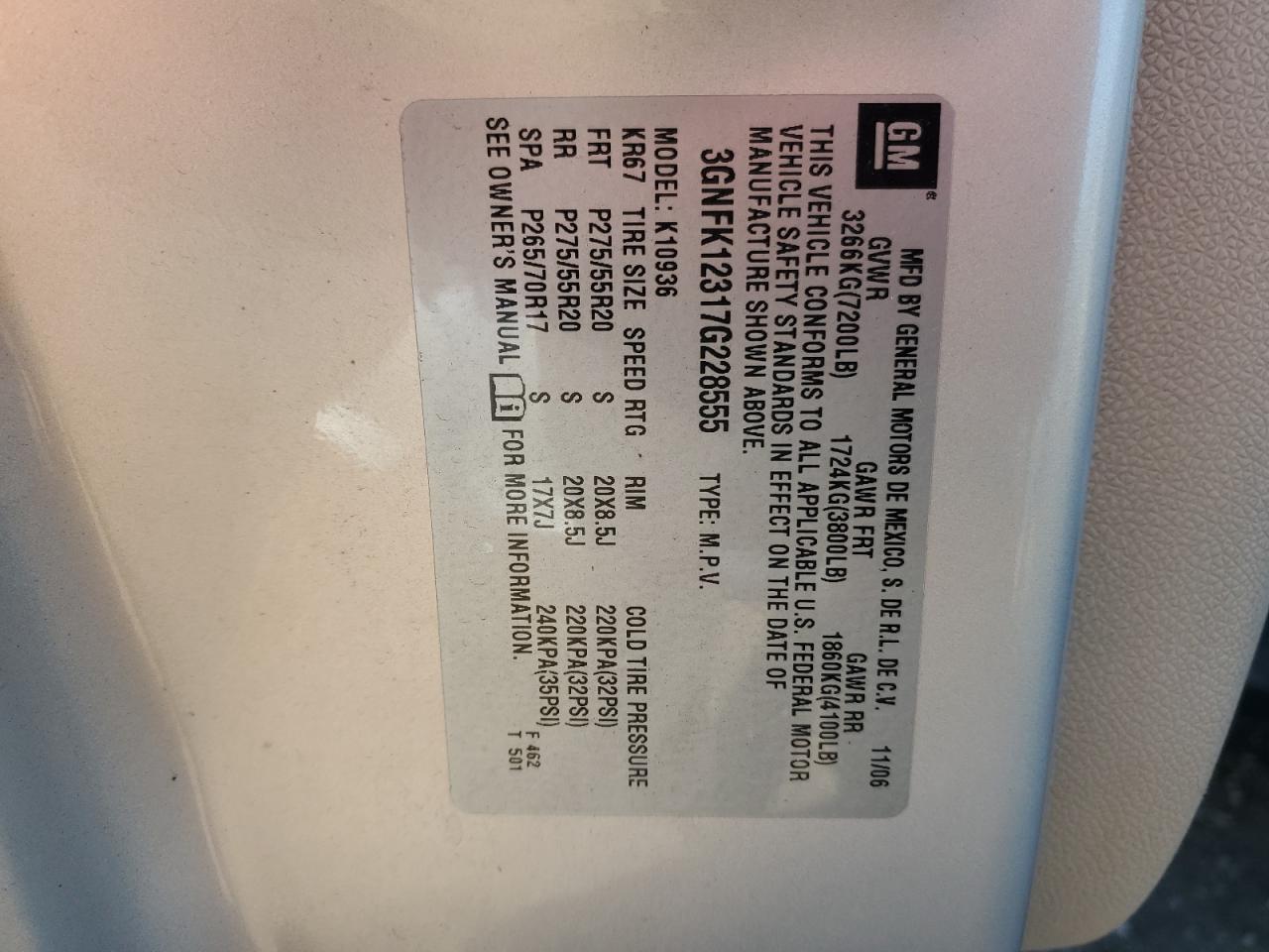 2007 Chevrolet Avalanche K1500 VIN: 3GNFK12317G228555 Lot: 92401085