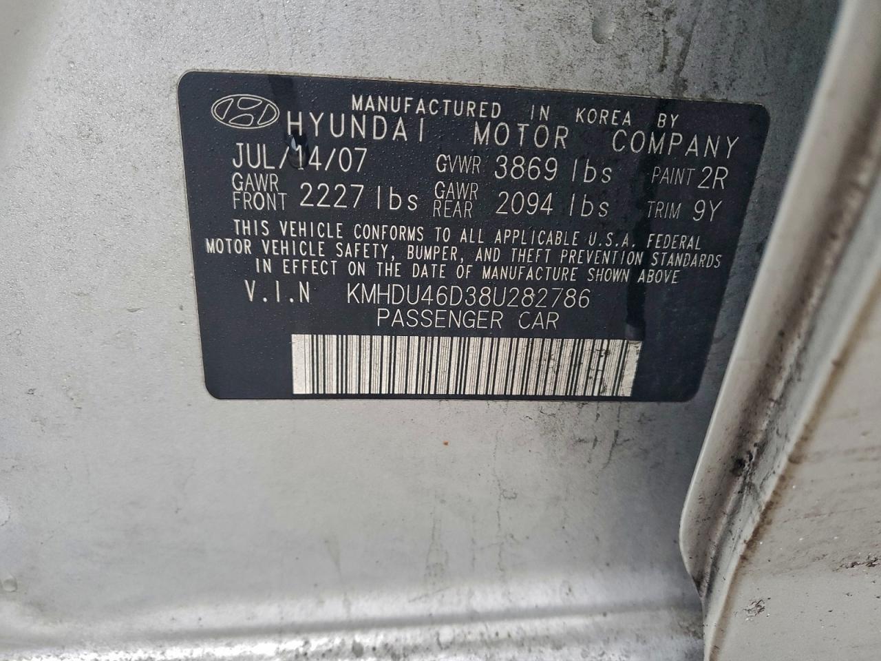 2008 Hyundai Elantra Gls VIN: KMHDU46D38U282786 Lot: 93951045