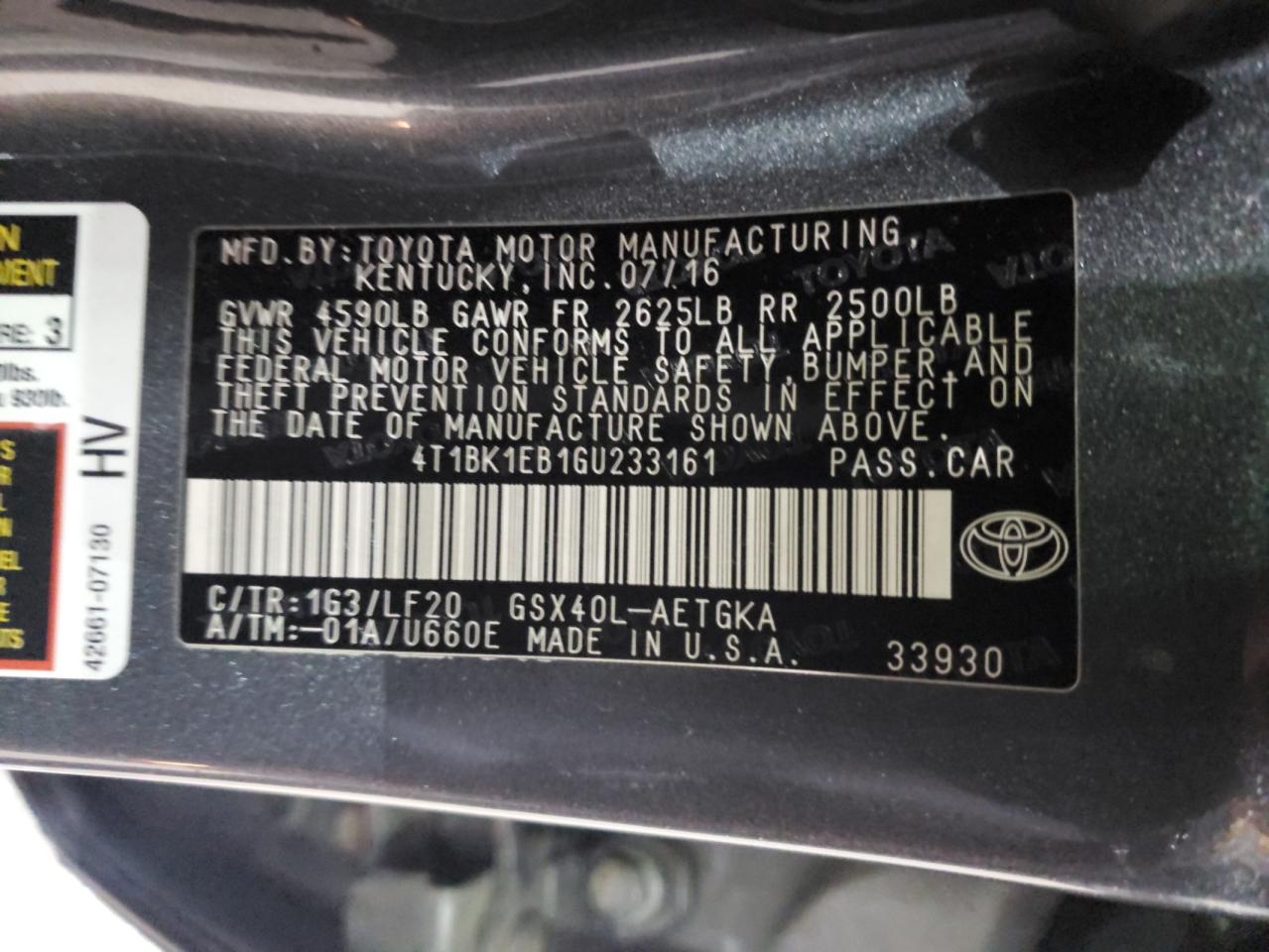 2016 Toyota Avalon Xle VIN: 4T1BK1EB1GU233161 Lot: 91860985