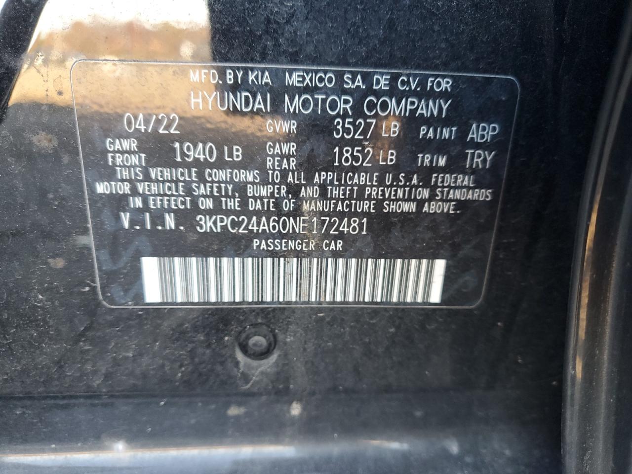 2022 Hyundai Accent Se VIN: 3KPC24A60NE172481 Lot: 92979445