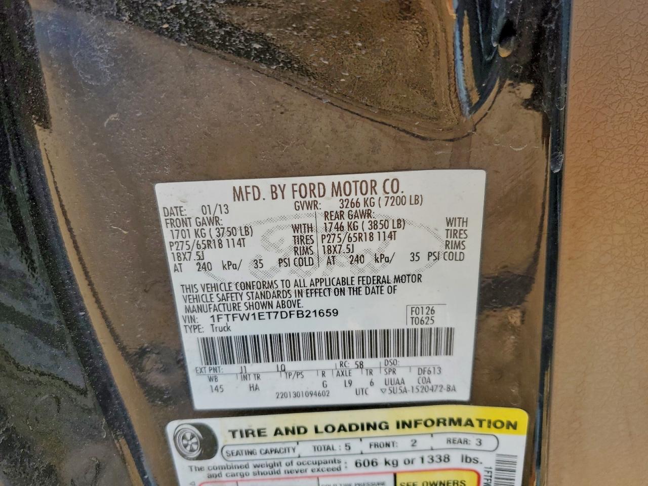 2013 Ford F150 Supercrew VIN: 1FTFW1ET7DFB21659 Lot: 93302705