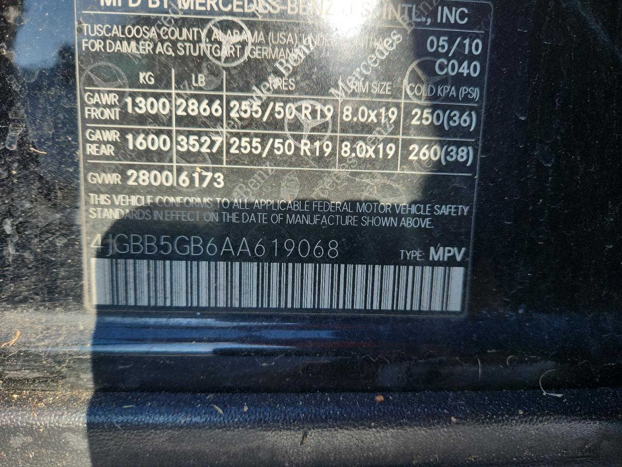 2010 Mercedes-Benz Ml 350 VIN: 4JGBB5GB6AA619068 Lot: 92904955