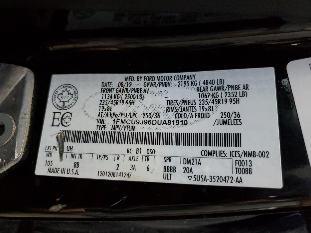 2013 Ford Escape Titanium VIN: 1FMCU9J96DUA81910 Lot: 93270675