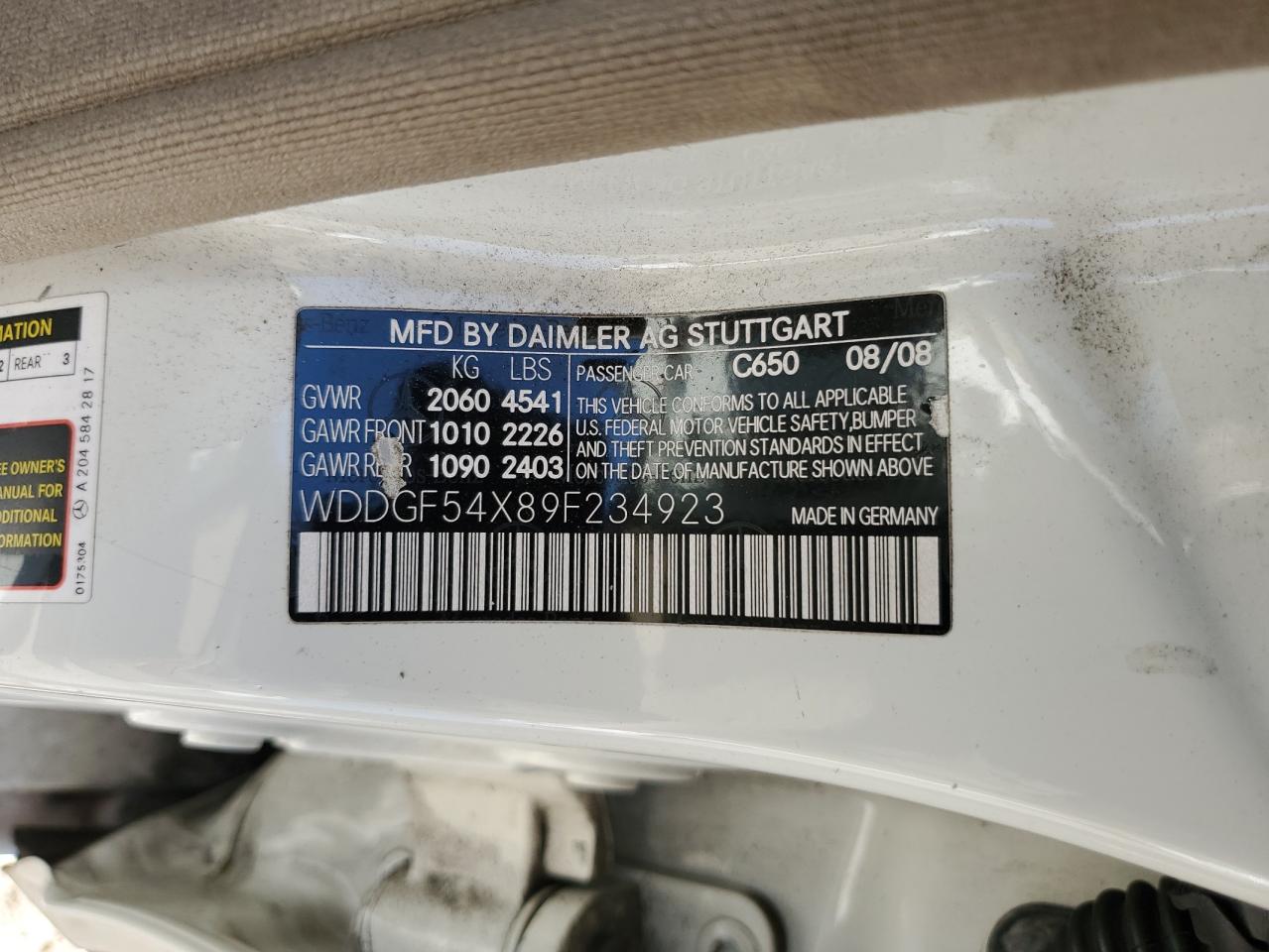 2009 Mercedes-Benz C 300 VIN: WDDGF54X89F234923 Lot: 91683715