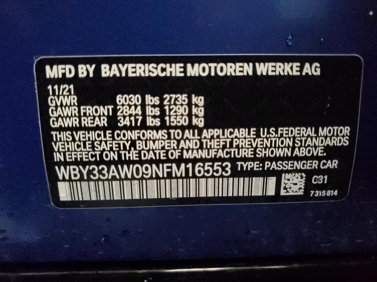 2022 BMW I4 M50 VIN: WBY33AW09NFM16553 Lot: 92868815