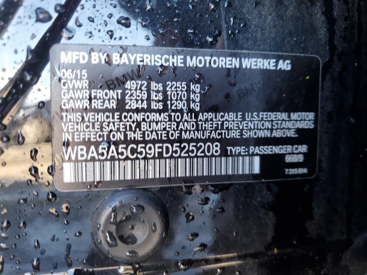 2015 BMW 528 I VIN: WBA5A5C59FD525208 Lot: 91999055