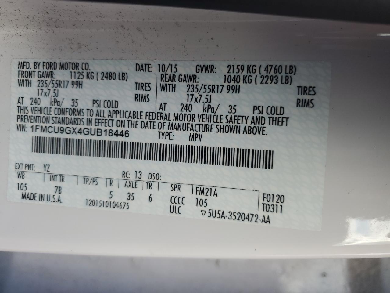 2016 Ford Escape Se VIN: 1FMCU9GX4GUB18446 Lot: 92720625