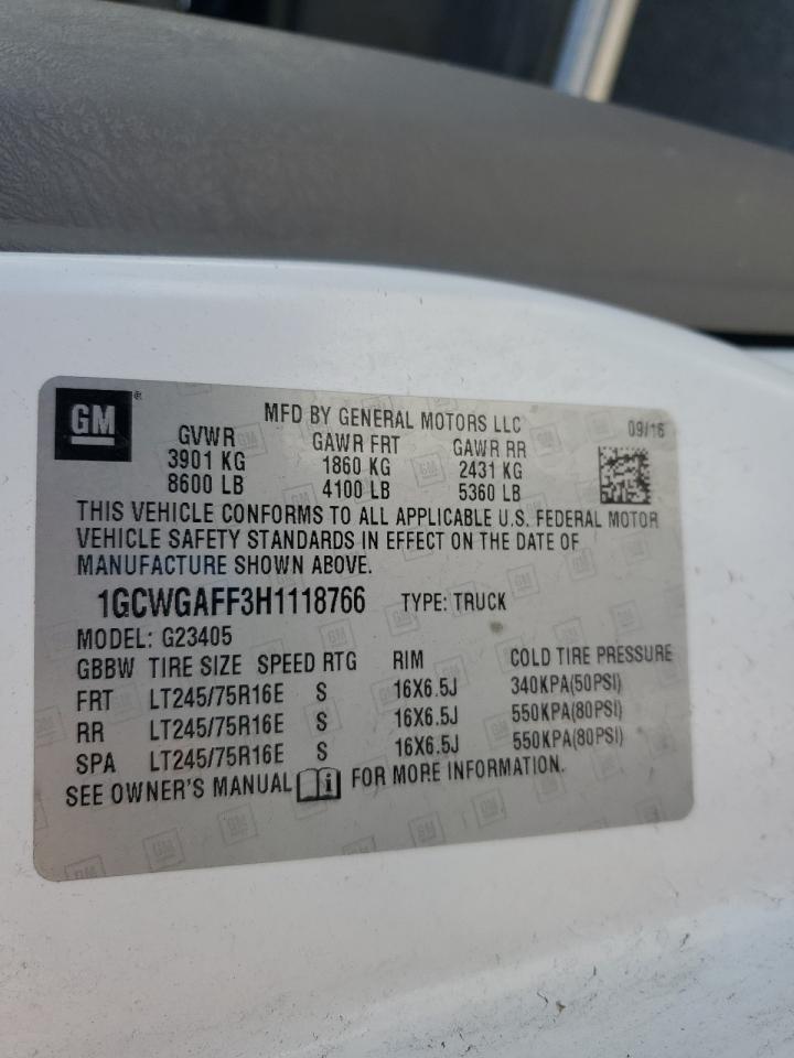 2017 Chevrolet Express G2500 VIN: 1GCWGAFF3H1118766 Lot: 92590905