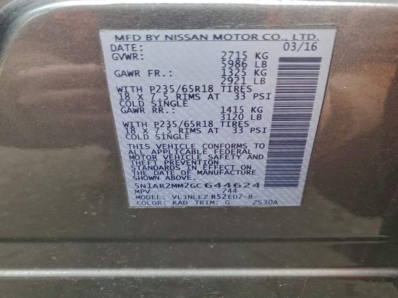 2016 Nissan Pathfinder S VIN: 5N1AR2MM2GC644624 Lot: 93408205