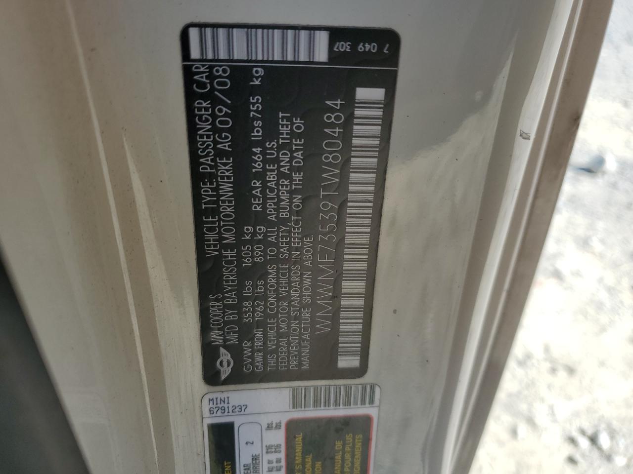 2009 Mini Cooper S VIN: WMWMF73539TW80484 Lot: 91523175