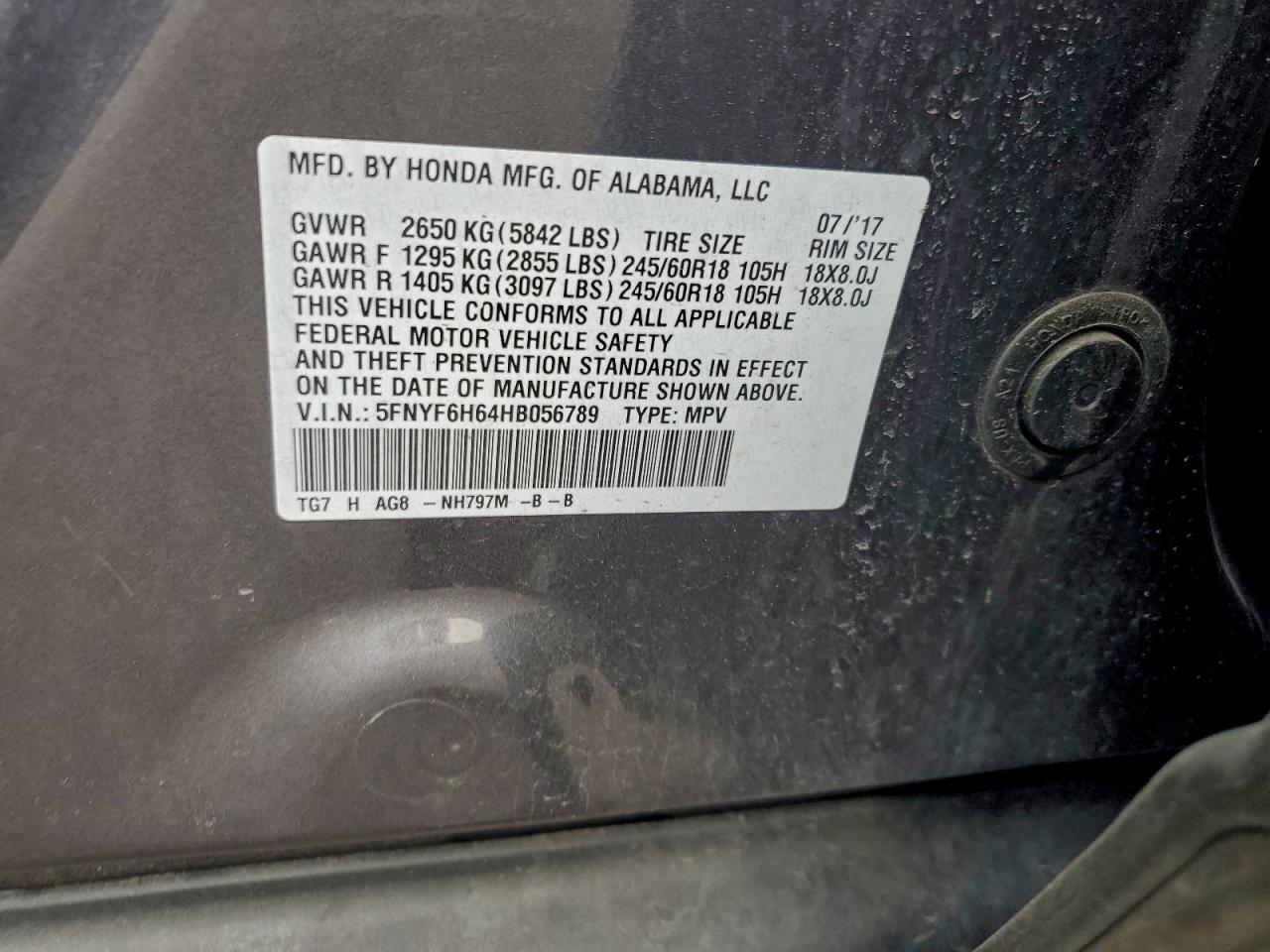 2017 Honda Pilot Exl VIN: 5FNYF6H64HB056789 Lot: 93368035